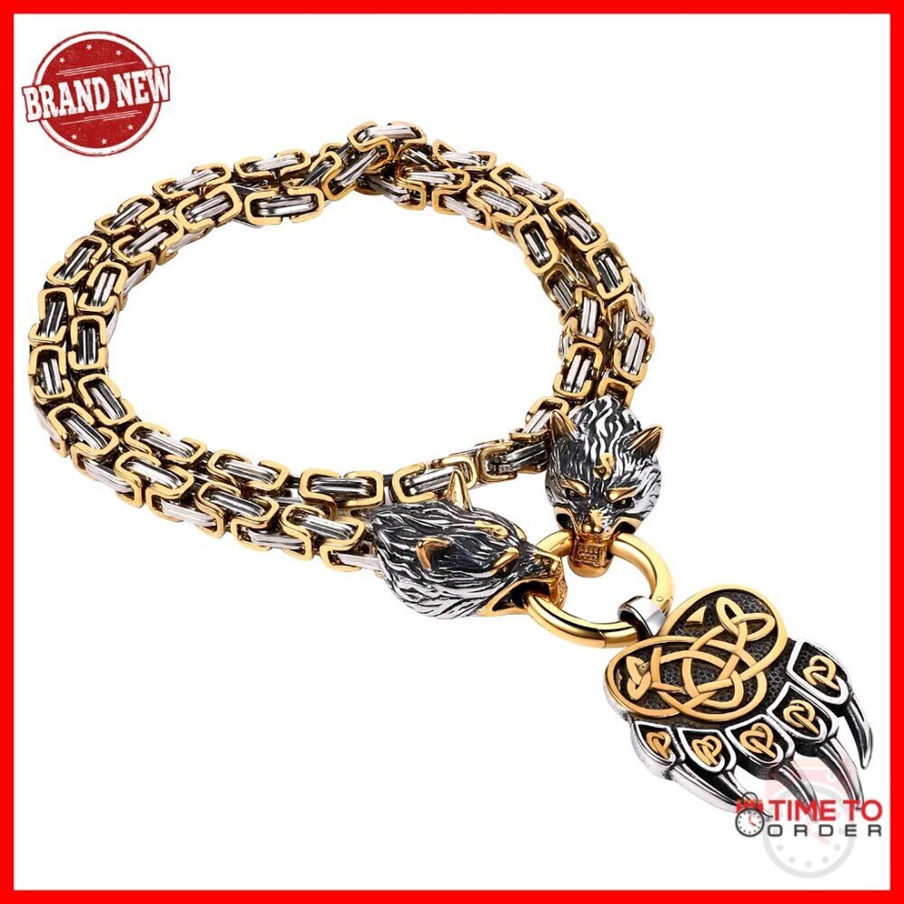 Stainless Steel Viking Bear Claw Pendant Necklace with Wolf Head Chain